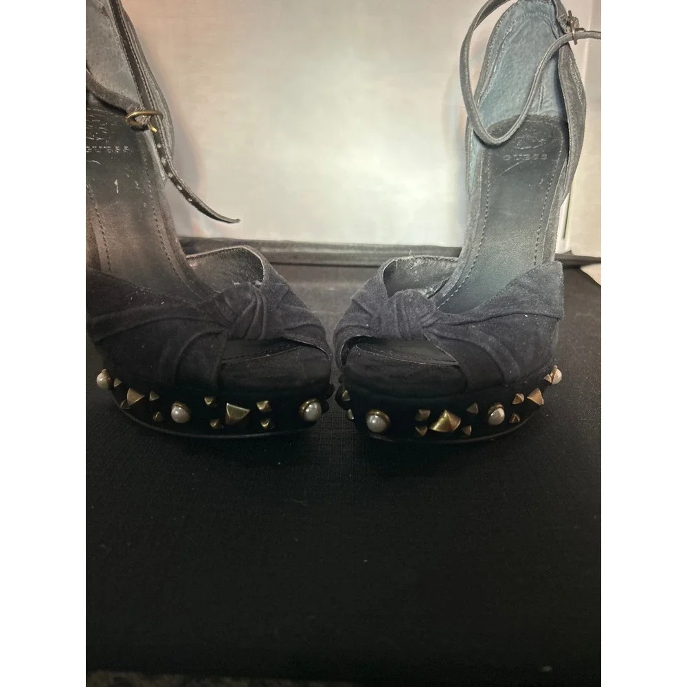 Guess Black Suede Studded Platform Heels Knot Peep Toe Ankle Strap‎ Pumps 8M